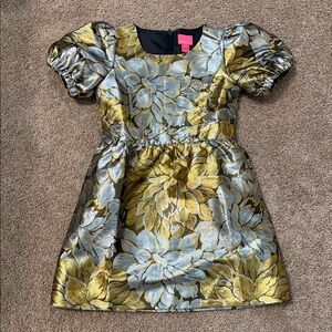 Lilly Pulitzer Gold and Silver Floral Puff Sleeve Dress